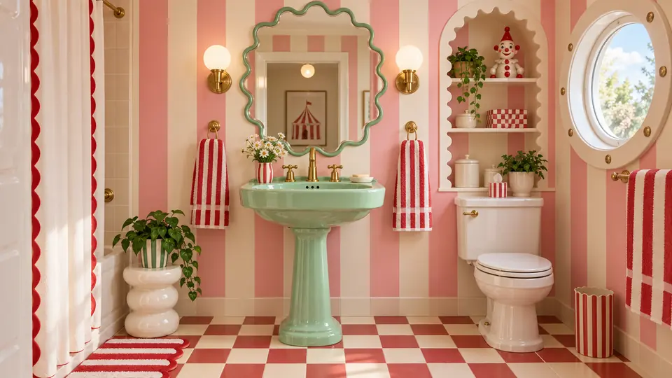 Bathroom with candy stripe tiles and a scalloped mirror