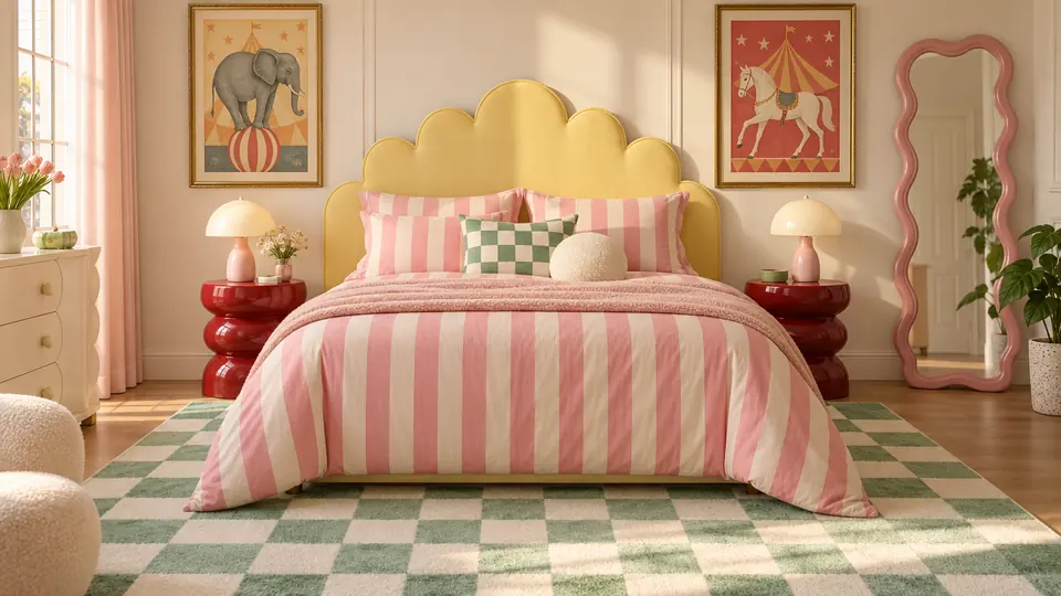 Bedroom with a scalloped yellow headboard and striped bedding