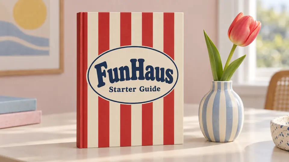 Red and cream striped book titled FunHaus Starter Guide