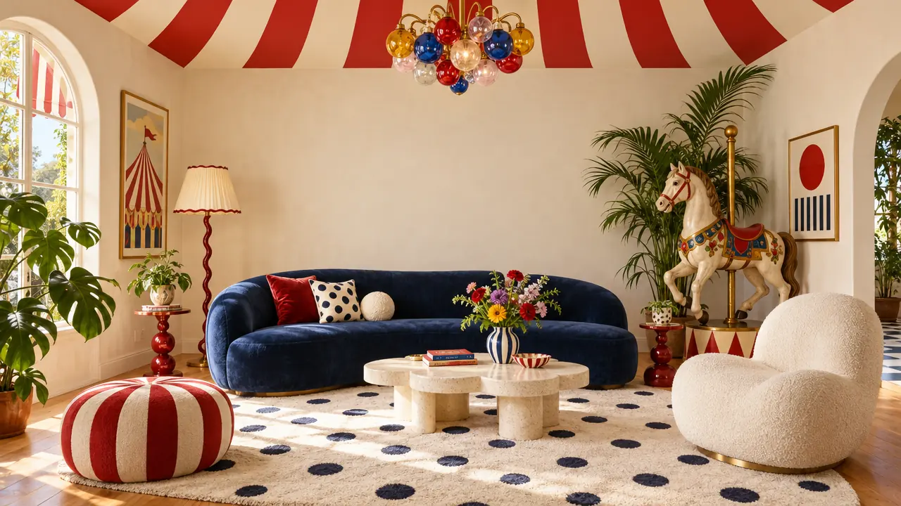 A calm living room under a red and cream striped circus ceiling