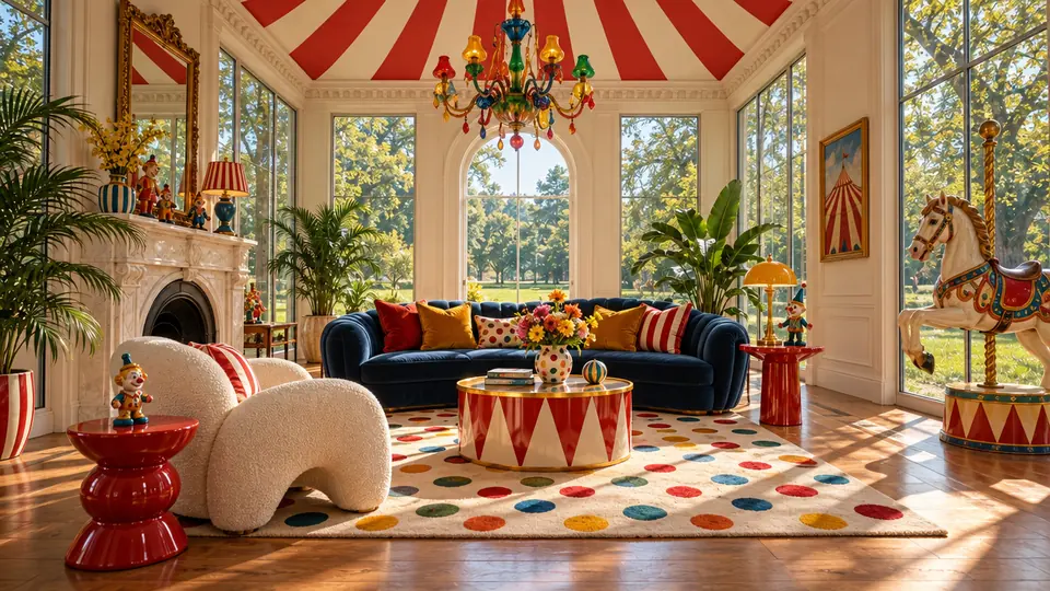 Sunny glasshouse living room with a striped ceiling and polka dot rug